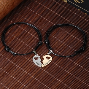 Best Friends Matching Heart Alloy Pendant Bracelets For Couples Hand Woven Black Wax Cord Adjustable Friendship Jewelry Gift