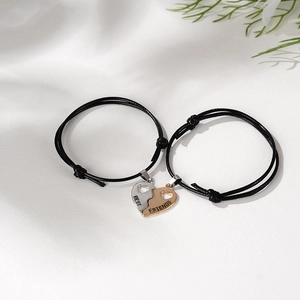 Minimalist heart pendant couple bracelets with adjustable black wax cord and metal charm