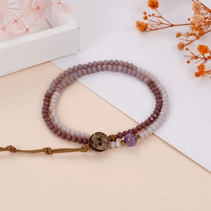 Bohemian Amethyst Crystal Beaded Bracelet Women Handmade Double Layer Wax Cord Bracelet With Wood Button Closure Jewelry