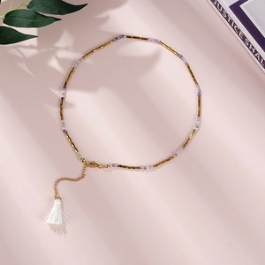 Long tassel natural stone stainless steel necklace with gold beads and white silk fringe
