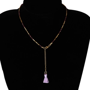 Long stainless steel tassel necklace with golden tube beads and purple silk fringe accent