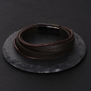 Multi-layer braided brown PU leather bracelet with black matte magnetic buckle for men