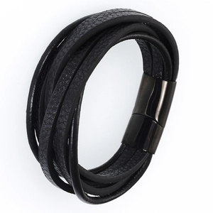 Detail shot of multi-layer black PU leather bracelet featuring a polished magnetic metal clasp