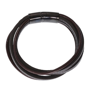 Detail view of dark brown triple-layered leather bracelet with black magnetic metal clasp