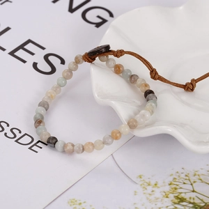 Bohemian natural stone beaded bracelet with multi-color gems and brown woven rope