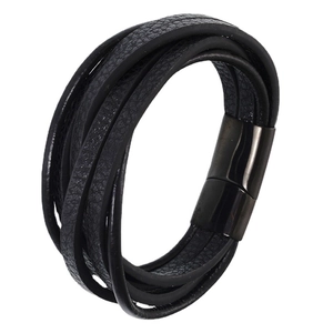 Multilayer black PU leather bracelet with polished stainless steel magnetic clasp for men