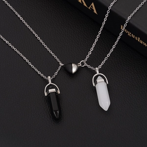 Magnetic couples necklace set with black and white hexagonal crystal stone pendants