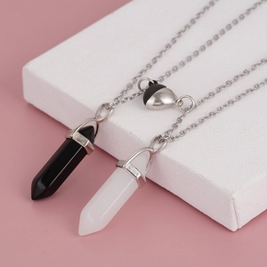 Magnetic couples necklace set with black and white hexagonal crystal quartz pendants