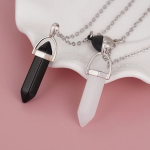 Hexagonal Stone Couple Necklace Magnetic Heart Clasp Stainless Steel Chain Natural Crystal Quartz Pendants Lovers Jewelry Gift