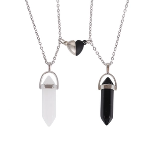 Magnetic couples necklace with black and white quartz hexagonal pillars and silver chain
