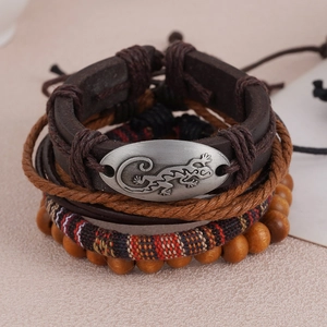 Handmade 4-piece vintage leather lizard bracelet set with bohemian wood beads and ethnic patterns