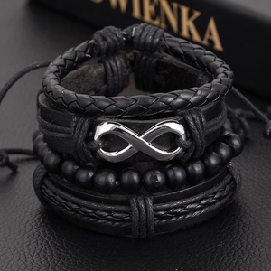 Mehrlagiges Herren-Lederarmband Set in Schwarz mit silbernem Unendlichkeitssymbol