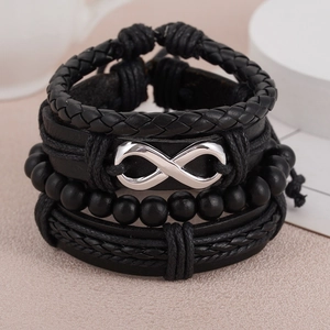 Heren Vintage Mehrlagiges Lederarmband Legierung Unendlichkeitssymbol Geflochtenes Seil Schwarze Perlen Armband Punk Schmuck Geschenk