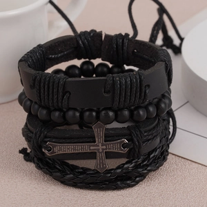 Men's Vintage Black Braided Cowhide Leather Bracelet Set Alloy Metal Cross Charm Beaded Multi Layer Punk Rock Jewelry