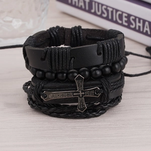 Men's multilayer black leather bracelet with beaded rope and metal cross charm