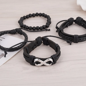 Retro 4-teiliges Herren Lederarmband Set mit Unendlichkeitssymbol und geflochtenen Perlen