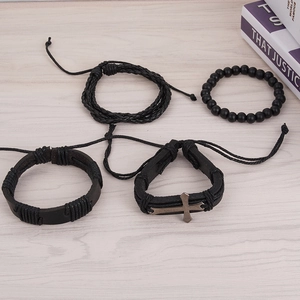 4-piece vintage punk black leather bracelet set for men with cross charm and beads
