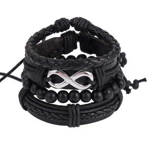 Mehrlagiges schwarzes Lederarmband-Set für Herren mit Unendlichkeitssymbol und Kordelzug