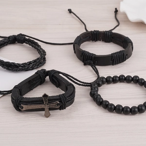 Men's retro 4-piece black leather bracelet set with woven ropes and cross pendant