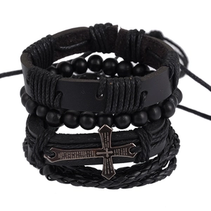 Men's retro 4-piece multilayer leather bracelet set with bronze cross pendant engraving