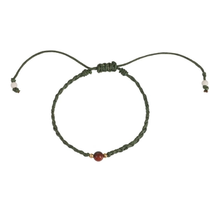 Minimalist woven dark green stone bracelet with red bead and adjustable pull string