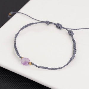 Bracciale in Pietra Naturale Ametista Irregolare Fatto a Mano Intrecciato Regolabile in Corda Cerata Grani di Ematite Gioielli Unisex