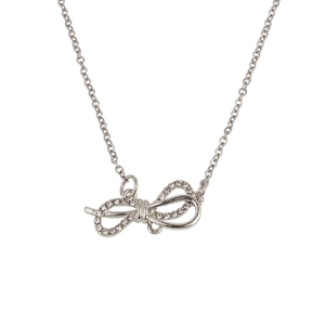 Elegant silver bow pendant necklace with sparkling rhinestones for women on white background