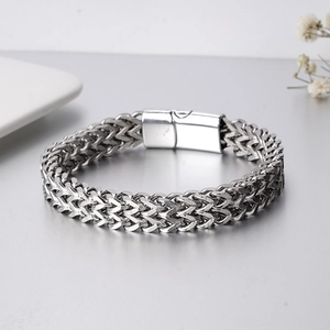 Polished silver stainless steel Franco chain bracelet with a secure mechanical box clasp
