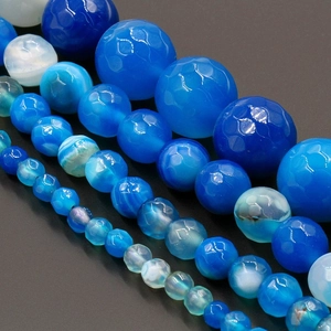 Faceted Striped Light Blue Agate Loose Beads Natural Stone Banded Round Beads For DIY Jewelry Making Necklaces Accessories