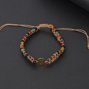 Bohemian colorful stone woven double-layer bracelet with 3D Om symbol pendant