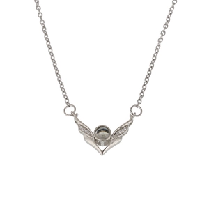 Elegant silver wing pendant necklace with round projection stone and zircon accents