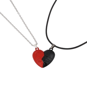 Magnetic heart couple necklaces with red and black pendants and forever engraving