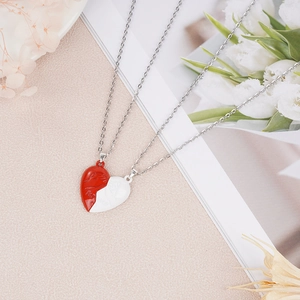 Couples heart pendant necklaces with magnetic design and Forever engraving in silver finish