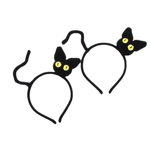 Set of two black plush cat ear headbands with yellow eyes and tail for parties