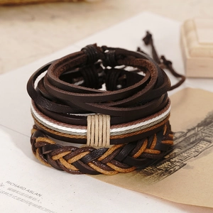 Three-piece vintage brown leather woven bracelet set for men with multi-layer texture