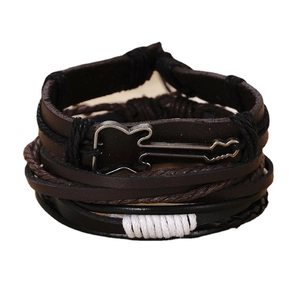 Vintage multilayer leather bracelet set with guitar charm and braided cord details