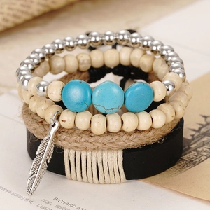 Retro Handmade Braided Cowhide Leather Cord Bracelet For Men Bohemian Multi-layer Alloy Charm Wood Bead Wrap Jewelry
