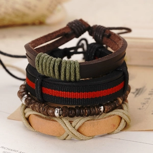 Handmade four-piece vintage leather bracelet set with woven ropes and wooden beads