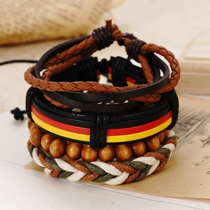 Retro handmade four-piece braided leather bracelet set with brown cowhide and wood beads
