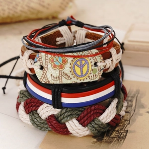 Handmade 4pcs set bohemian leather bracelets with peace sign charm for men and women