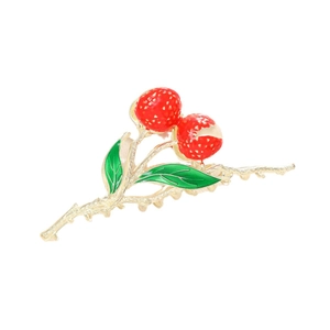 Pince à cheveux fraise dorée élégante avec émail rouge et accents de feuilles vertes