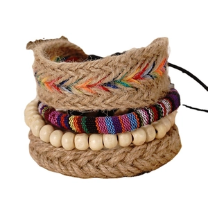Handmade four-piece vintage braided leather and wooden bead bracelet set in ethnic style