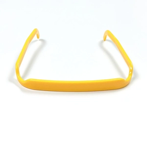 Detailed view of the bright yellow plastic headband with square edges and smooth finish