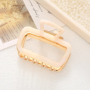 Elegant cream resin rectangular hair claw clip with gold metal base for thin hair
