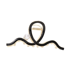 Elegant gold metal wave hair claw clip with black enamel finish and pearl decoration