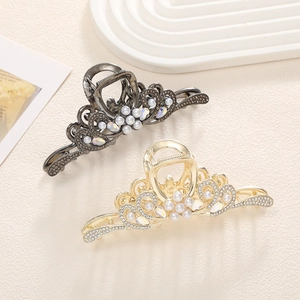Pinza de Pelo Elegante de Aleación de Metal Con Diamantes de Imitación y Perlas Artificiales de Imitación Pinza Geométrica Hueca Accesorios para el Cabello Mujer para Fiesta y Uso Diario