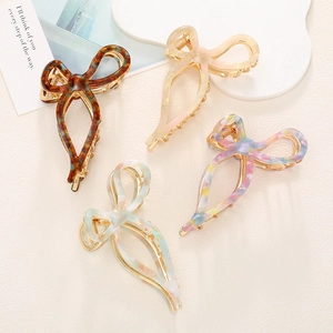 Pince à Cheveux Noeud en Acétate pour Femmes Grand Cadre en Métal Creux Barrettes à Cheveux Écaille Marbre Accessoires