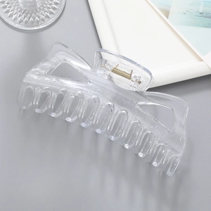 Macro shot of a large transparent acrylic shark hair claw clip with silver metal spring