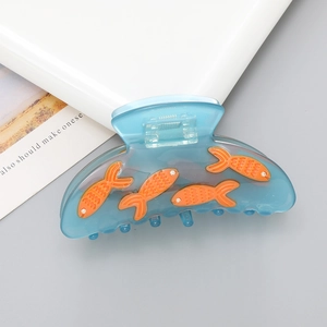 Translucent blue acetate shark hair claw clip with cute orange goldfish design