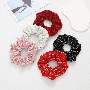 Chanel Style Tweed Scrunchies For Women Thickened Plaid Hair Ties Elegant Ponytail Holders Sparkly Sequins Hair Accessories